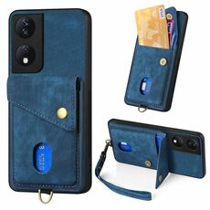 Custodia per cellulare in pelle pieghevole con portafoglio retrò per Honor X7b con cinturino (blu)