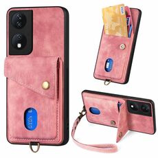 Custodia per cellulare in pelle pieghevole con portafoglio retrò per Honor X7b con cinturino (rosa)