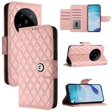 Per Xiaomi 14 Ultra Rhombic Texture Flip Custodia in Pelle con Lanyard (Rosa Corallo)