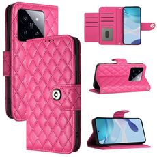 Custodia per cellulare in pelle con texture rombica per Xiaomi 14 Pro con cordino (rosa rossa)