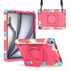 Per iPad Air 11 2024 Maniglia con impugnatura Custodia in silicone ibrido per PC Tablet con cinturino (Camouflage Rose Red)