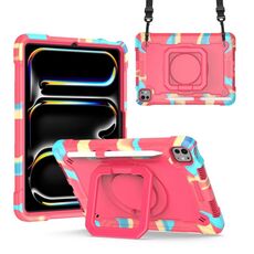 Per iPad Pro 11 2024 Maniglia con impugnatura Custodia in silicone ibrido per PC Tablet con cinturino (Camouflage Rose Red)