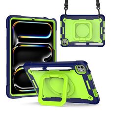 Per iPad Pro 11 2024 Custodia con impugnatura in silicone ibrida per tablet PC con cinturino (giallo blu scuro verde)