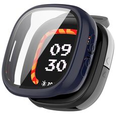 Per Fitbit Ace LTE PC + Pellicola in vetro temperato Custodia protettiva per orologio integrata (blu inchiostro)