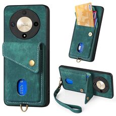Custodia per cellulare in pelle pieghevole con portafoglio retrò per Honor X9b con cinturino (verde)