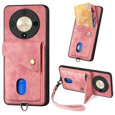 Custodia per cellulare in pelle pieghevole con portafoglio retrò per Honor X9b con cinturino (rosa)