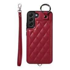 Per Samsung Galaxy S22+ 5G Custodia per cellulare con texture rombica con cordino corto (rosso vino)