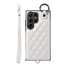 Per Samsung Galaxy S24 Ultra 5G Custodia per cellulare con texture rombica con cordino corto (bianco)