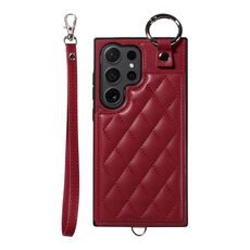 Custodia per telefono con custodia per carta con texture rombica per Samsung Galaxy S24 Ultra 5G con cordino corto (rosso vino)