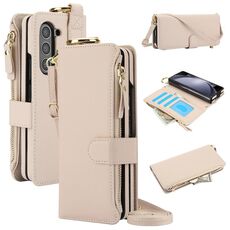 Per Samsung Galaxy Z Fold6 Custodia a tracolla con anello a portafoglio multifunzionale in pelle pieghevole (bianca)