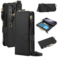 Per Samsung Galaxy Z Fold6 Custodia a tracolla multifunzionale in pelle con anello pieghevole (nero)