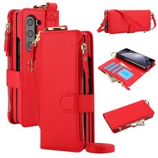 Per Samsung Galaxy Z Fold6 Anello a tracolla multifunzionale Custodia a portafoglio in pelle pieghevole (Rosso)