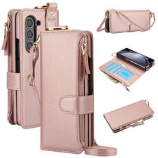 Per Samsung Galaxy Z Fold6 Custodia a tracolla con anello a portafoglio multifunzionale in pelle pieghevole (oro rosa)