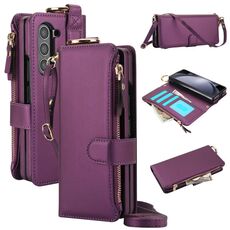 Per Samsung Galaxy Z Fold6 Custodia a tracolla con anello a portafoglio multifunzionale in pelle pieghevole (viola scuro)