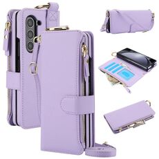 Per Samsung Galaxy Z Fold6 Custodia a tracolla con anello a portafoglio multifunzionale in pelle pieghevole (viola)