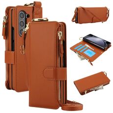 Per Samsung Galaxy Z Fold6 Custodia a tracolla con anello a portafoglio multifunzionale in pelle pieghevole (marrone)