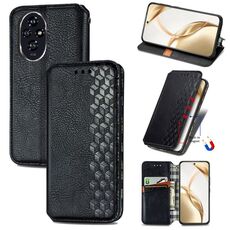 Custodia per telefono in pelle magnetica pressata a griglia cubica per Honor 200 (nera)