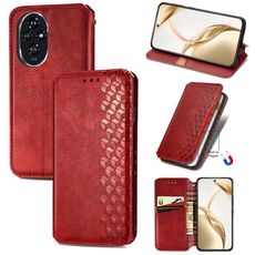 Custodia per telefono in pelle magnetica pressata a griglia cubica per Honor 200 (rossa)