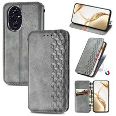 Custodia per telefono in pelle magnetica pressata a griglia cubica per Honor 200 (grigio)
