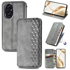 Custodia per telefono in pelle magnetica pressata con griglia cubica per Honor 200 Pro (grigio)