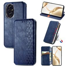 Custodia per telefono in pelle magnetica pressata con griglia cubica per Honor 200 Pro (blu)