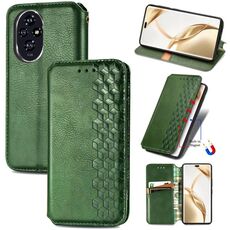 Custodia per telefono in pelle magnetica pressata con griglia cubica per Honor 200 Pro (verde)