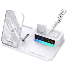 T50 Caricabatterie wireless magnetico 5 in 1 Orologio da telefono Supporto di ricarica per auricolari con orologio e altoparlante (bianco)
