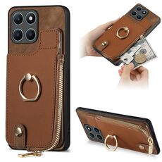 Custodia per telefono posteriore con cerniera verticale con anello in pelle incrociata per Honor X6a (marrone)