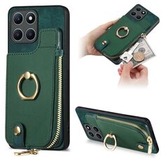 Custodia per telefono posteriore con cerniera verticale con anello in pelle incrociata per Honor X6a (verde)