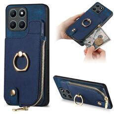 Custodia per telefono posteriore con cerniera verticale con anello in pelle incrociata per Honor X6a (blu)