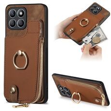 Custodia per cellulare posteriore con cerniera verticale con anello in pelle incrociata per Honor X8b (marrone)