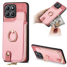 Custodia per telefono posteriore con cerniera verticale con anello in pelle incrociata per Honor X8b (rosa)