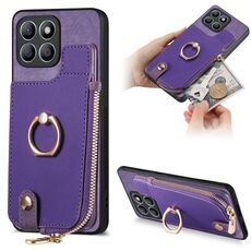 Custodia per telefono posteriore con cerniera verticale con anello in pelle incrociata per Honor X8b (viola)