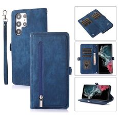 Per Samsung Galaxy S22 Ultra 5G Zipper Card Slot Buckle Wallet Custodia in pelle per telefono (blu)