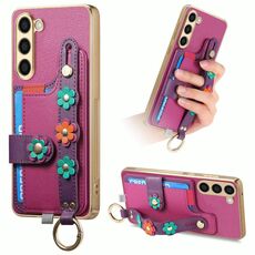 Per Samsung Galaxy S23+ 5G Custodia per telefono con cinturino per scheda di fiori stereoscopici (viola)