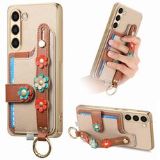 Per Samsung Galaxy S23+ 5G Custodia per telefono con cinturino per scheda di fiori stereoscopici (cachi)