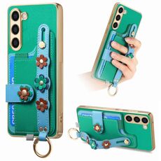 Per Samsung Galaxy S23+ 5G Custodia per telefono con cinturino per scheda di fiori stereoscopici (verde)