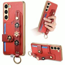Custodia per telefono con cinturino per scheda e polsino con fiori stereoscopici per Samsung Galaxy S23+ 5G (rosso)