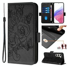 Per Samsung Galaxy S23 5G Custodia in pelle antifurto RFID con motivo rosa in rilievo (nero)