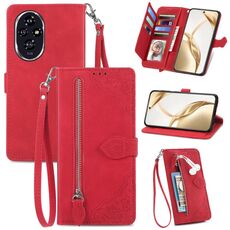 Custodia per telefono in pelle con cerniera fiore goffrato per Honor 200 (rossa)