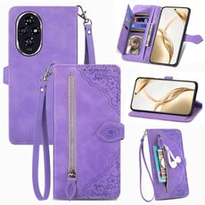 Custodia per telefono in pelle con cerniera fiore goffrato per Honor 200 (viola)