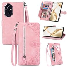 Custodia per telefono in pelle con cerniera fiore goffrato per Honor 200 Pro (rosa)