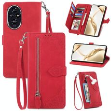 Custodia per telefono in pelle con cerniera fiore goffrato per Honor 200 Pro (rossa)