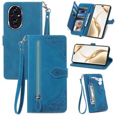 Custodia per telefono in pelle con cerniera fiore goffrato per Honor 200 Pro (blu)