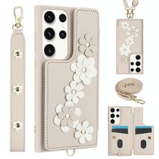 Custodia per cellulare in pelle con motivo floreale a tracolla per Samsung Galaxy S22 Ultra 5G (bianca)