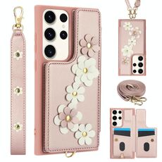 Custodia per cellulare in pelle con motivo floreale a tracolla per Samsung Galaxy S22 Ultra 5G (oro rosa)