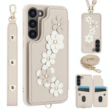 Per Samsung Galaxy S23+ 5G Custodia a tracolla in pelle con motivo floreale (bianca)