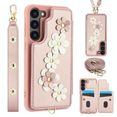 Custodia per cellulare in pelle con motivo floreale a tracolla per Samsung Galaxy S23+ 5G (oro rosa)