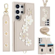 Custodia per cellulare in pelle con motivo floreale a tracolla per Samsung Galaxy S24 Ultra 5G (bianca)