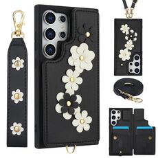 Custodia per cellulare in pelle con motivo floreale a tracolla per Samsung Galaxy S24 Ultra 5G (nera)